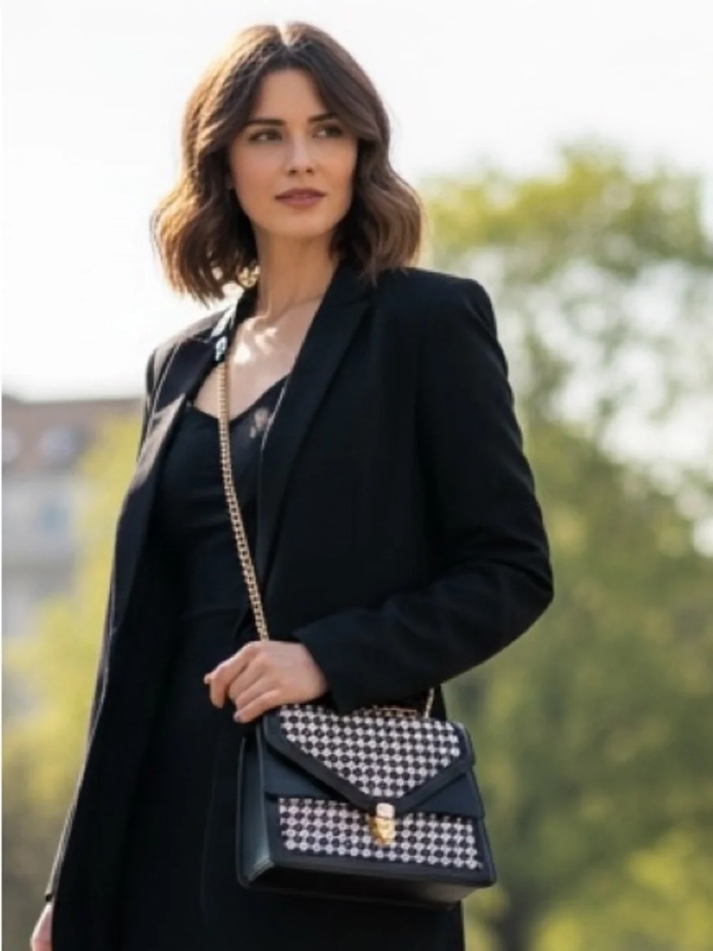 Classic Houndstooth Crossbody Shoulder Bag Adjustable Gold Chain Old Money